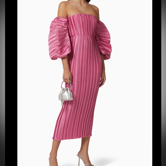 l'ide sirene off-shoulder puff-sleeve pleated midi column dress L'IDE Sirene Off-Shoulder Puff-Sleeve Pleated Midi Column Dress